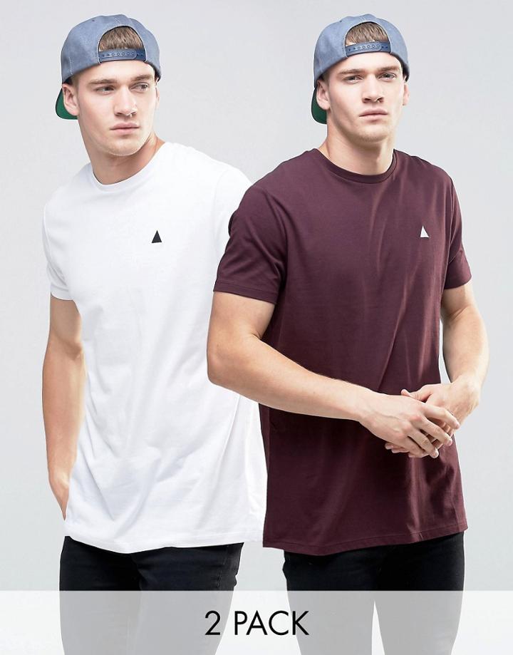 Asos 2 Pack Longline T-shirt With Crew Neck And Logo In White/oxblood - Multi