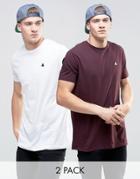 Asos 2 Pack Longline T-shirt With Crew Neck And Logo In White/oxblood - Multi
