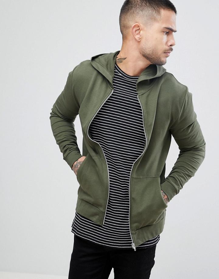 Asos Zip Up Muscle Hoodie In Khaki - Green