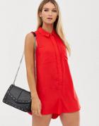 Asos Design Sleeveless Shirt Swing Romper - Red