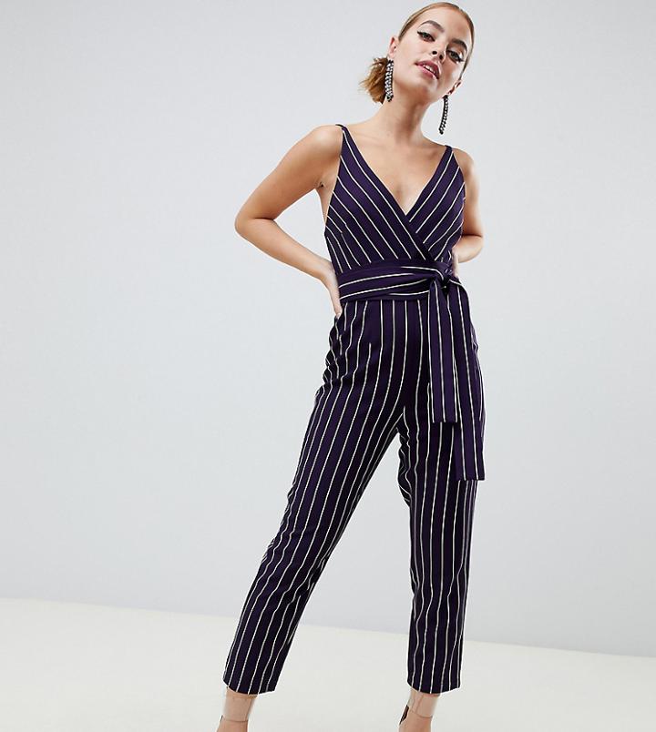 Asos Design Petite Wrap Jumpsuit With Self Belt In Navy Stripe-multi