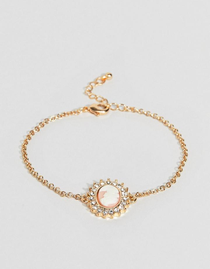Asos Design Bracelet With Vintage Style Cameo And Crystals In Gold - Gold