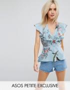 Asos Petite Floral Print Ruffle Front Blouse With Tie Waist - Blue