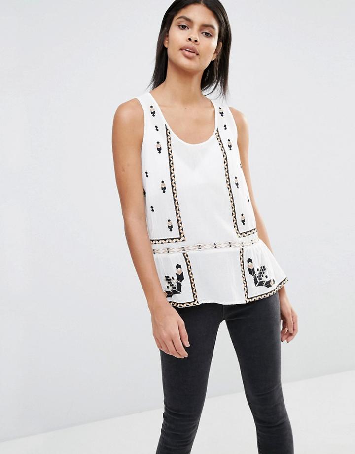 Vila Embroidered Shell With Ruffle Hem - Ivory