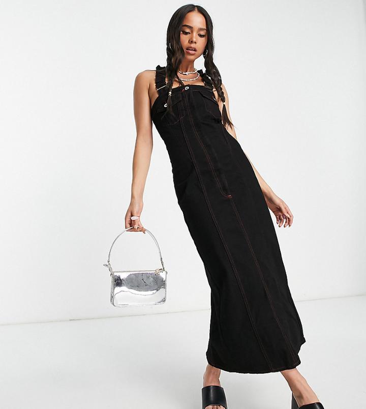 Collusion Midi Denim Dress With Red Stitch In Black