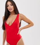 Asos Design Recycled Tall Paneled Plunge Swimsuit In Red