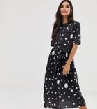 Asos Design Petite Midi Shirt Dress With Pleated Skirt And Belt In Polka Dot - Multi