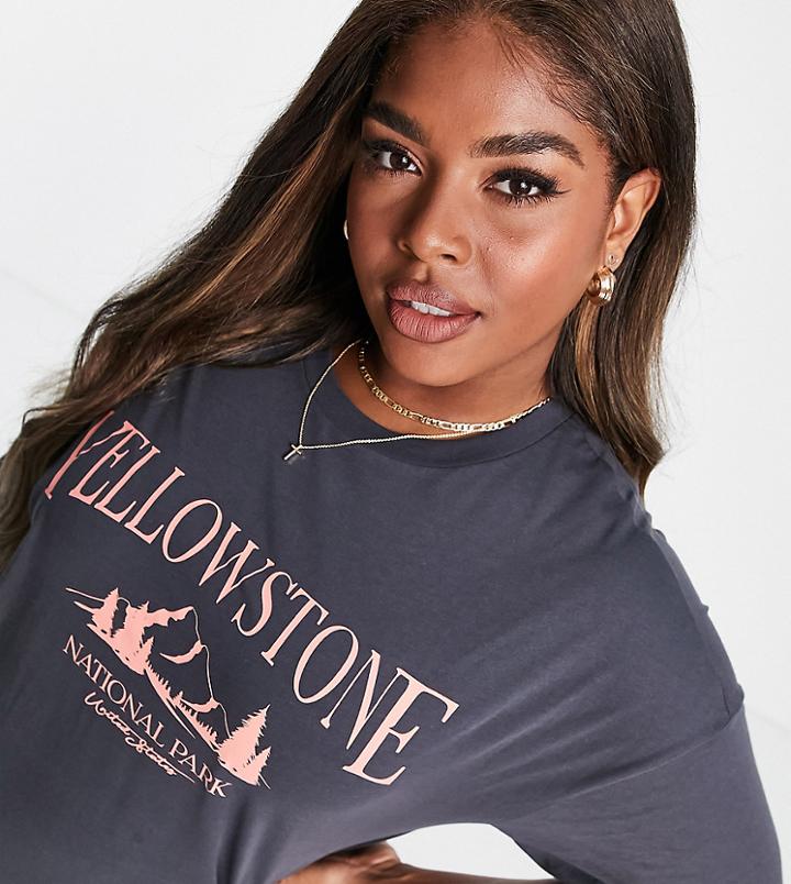 Asos Design Curve Oversized T-shirt With Yellowstone Print In Washed Charcoal-green