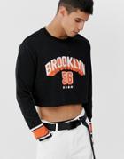 Asos Design Relaxed Long Sleeve Cropped T-shirt With City Print And Mesh Insert - Black