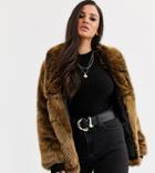 Asos Design Petite Stand Collar Faux Fur Coat In Brown-cream
