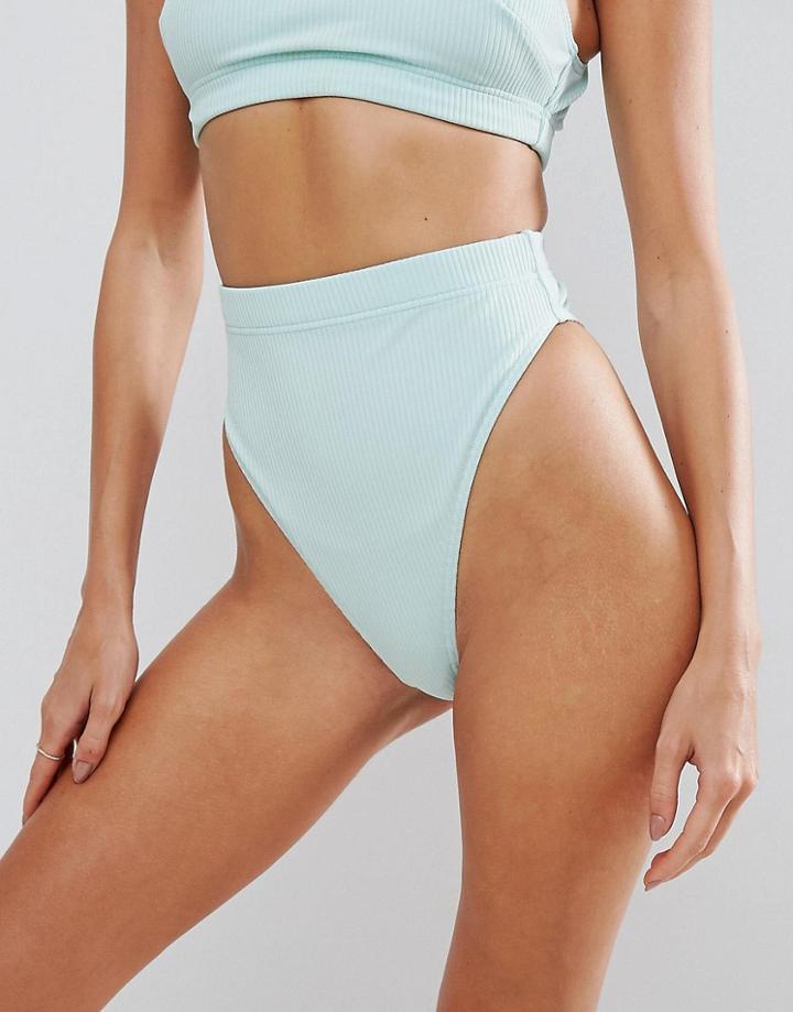 Asos High Leg High Waist Bikini Bottom In Rib - Green