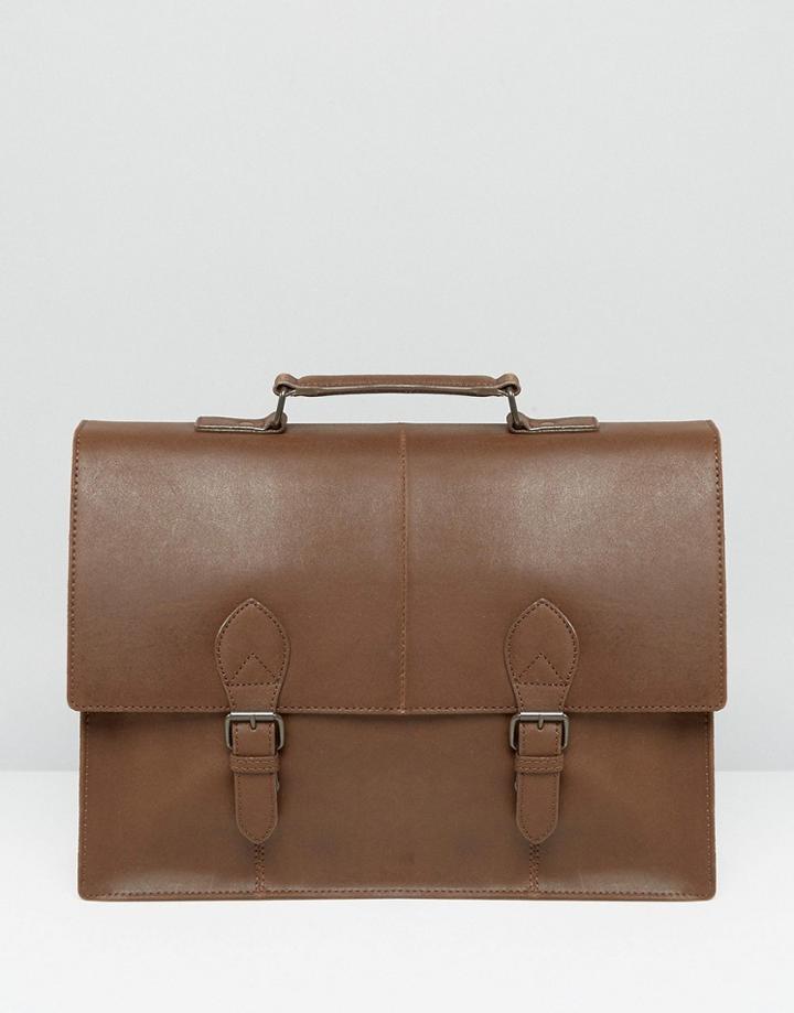 Asos Satchel In Brown Leather With Buckle Straps - Brown