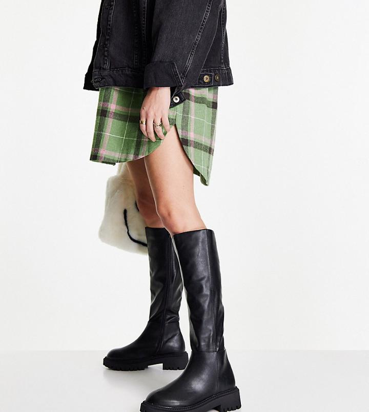 London Rebel Wide Fit Chunky Knee High Boots In Black