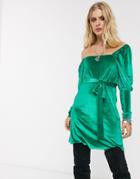 Asos Design Square Neck Puff Sleeve Velvet Mini Dress-green