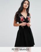 Parisian Petite Skater Dress With Floral Embroidery - Black