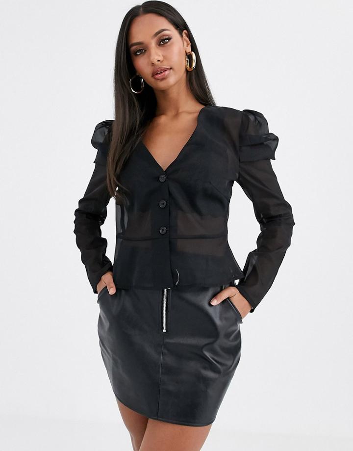 Missguided Organza Peplum Blouse With Puff Sleeves In Black