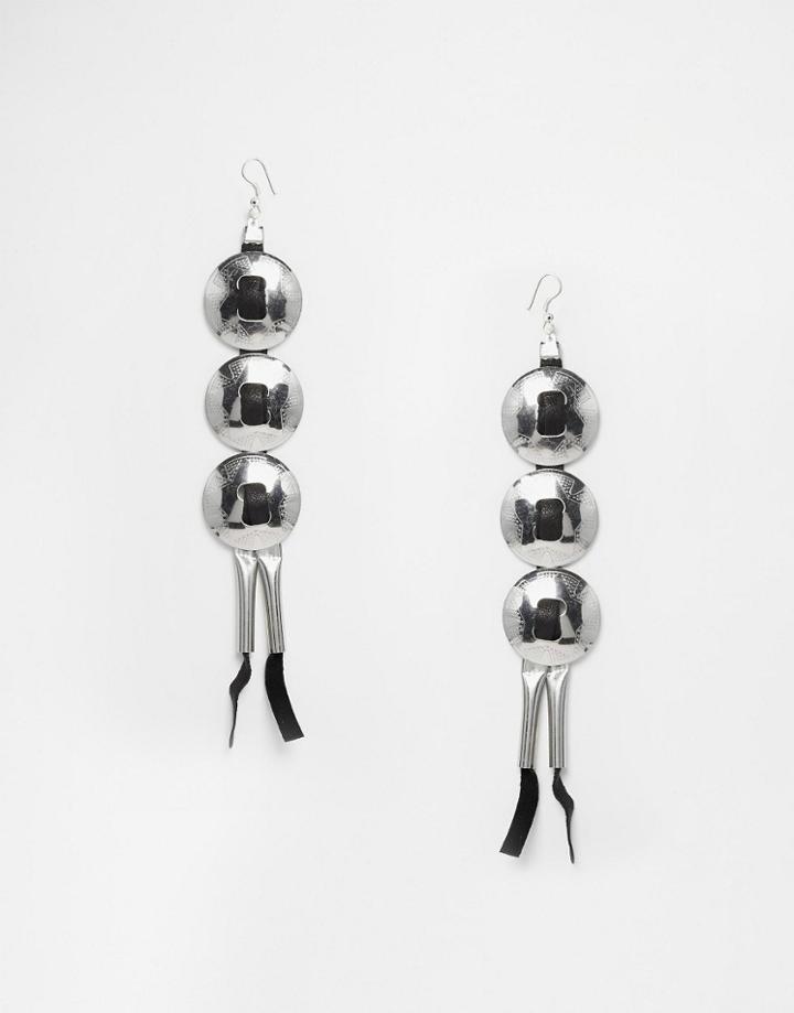 Asos Western Concho Leather Drop Earrings - Rhodium