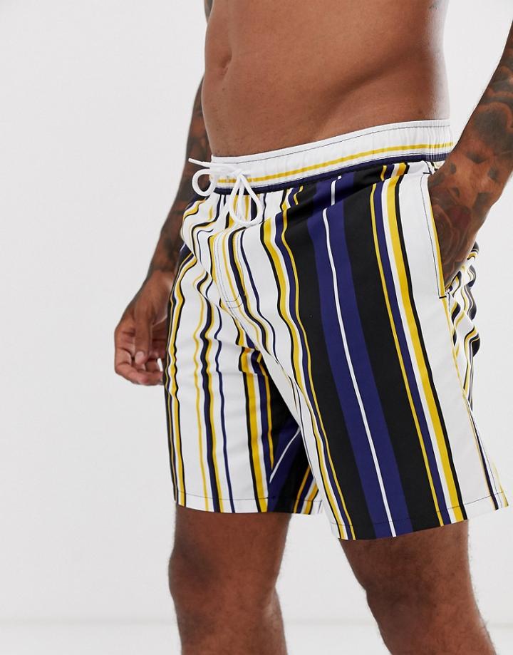 Asos Design Swim Shorts In Navy & Mustard Stripe In Mid Length