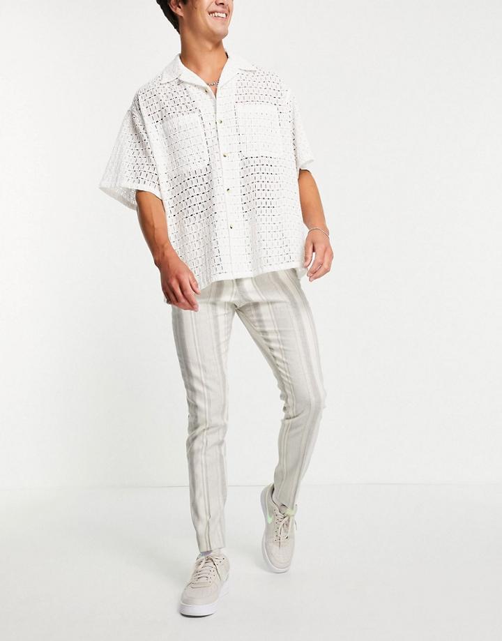 Asos Design Skinny Suit Pants With Cotton Linen Stripe-neutral