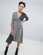 Boohoo Mixed Polka Dot And Stripe Midi Dress In Mono - Black