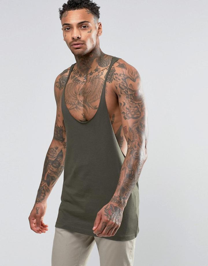 Asos Tank With Extreme Racer Back And Raw Edge In Khaki - Khaki