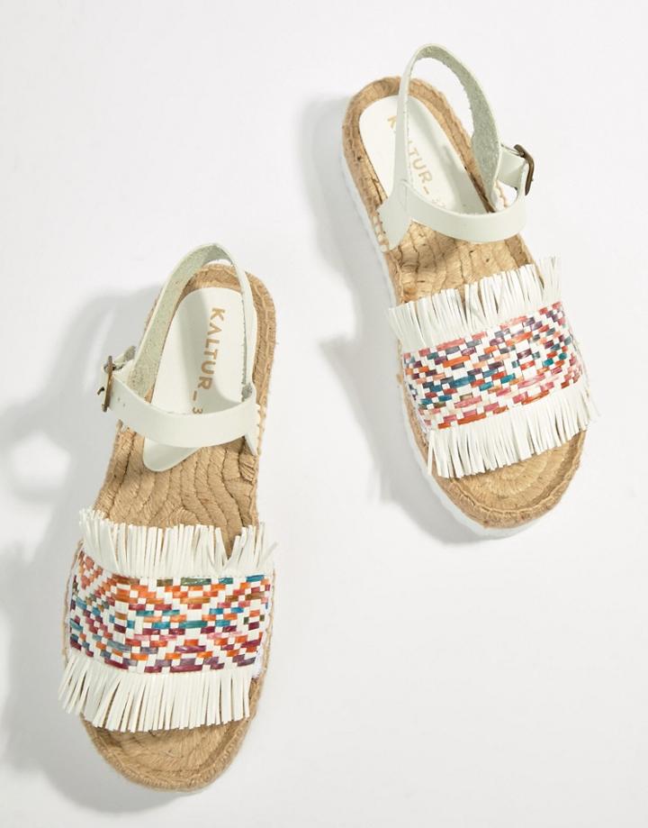 Kaltur White Ankle Tie Flatform Espadrille Sandals - White