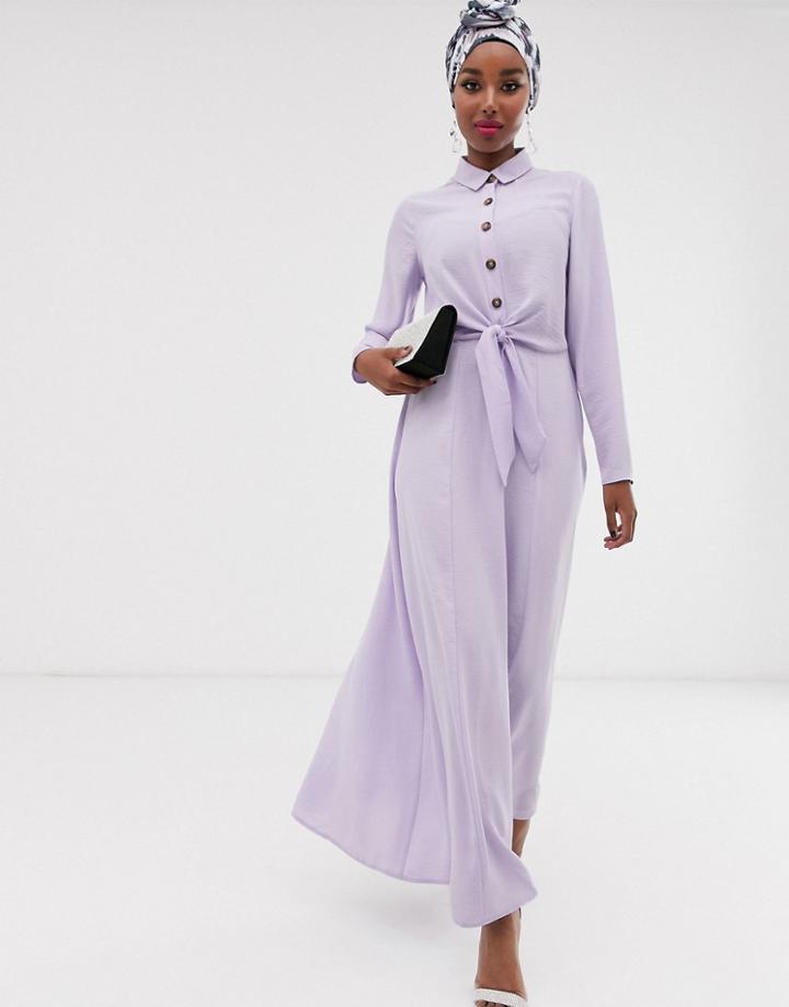 Asos Design Button Through Wrap Maxi Shirt Dress-purple