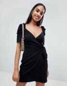 Fashion Union Ribbed Mini Dress With Tie Waist - Black