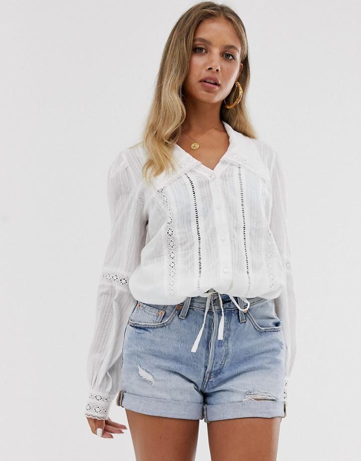 Asos Design Lace Insert Shirt With Tie Waist-white