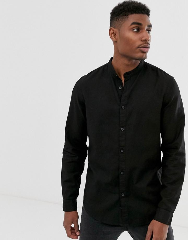 Bershka Shirt With Grandad Collar In Black