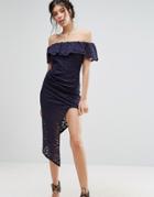 Love Triangle Lace Bardot Dress With Thigh Split - Navy