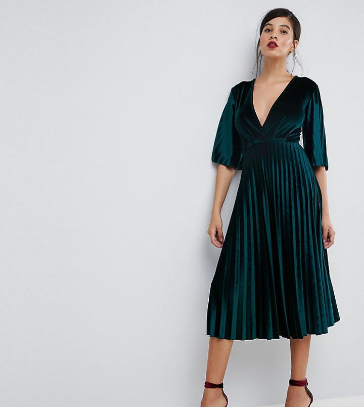 Asos Tall Pleated Velvet Kimono Midi Dress - Green