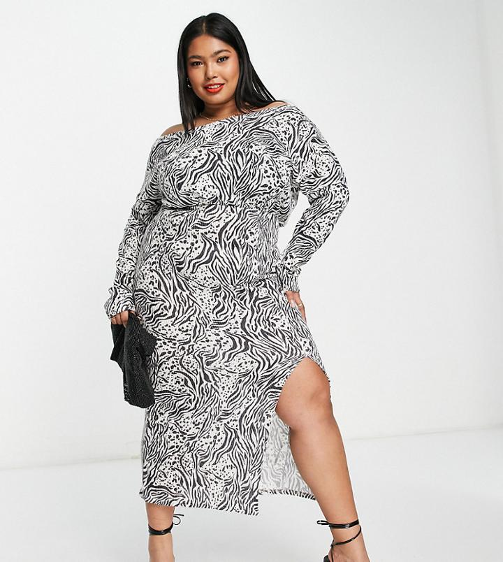 Asos Design Curve Super Soft Off The Shoulder Midi Sweater Dress In Leopard Print-multi