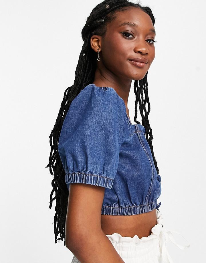 Lola May Denim Puff Sleeve Crop Top In Mid Wash Blue-blues