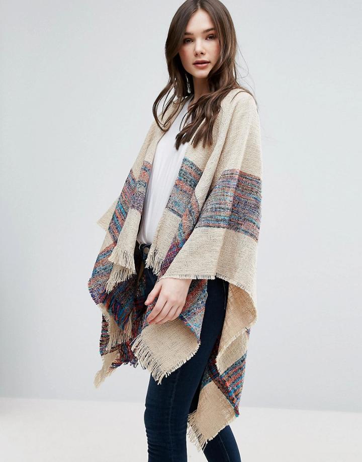 Vero Moda Border Print Poncho - Beige