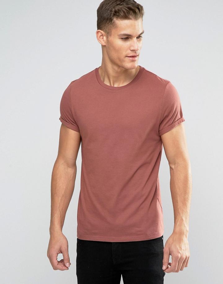 Asos T-shirt With Crew Neck And Roll Sleeve In Red - Paver Red