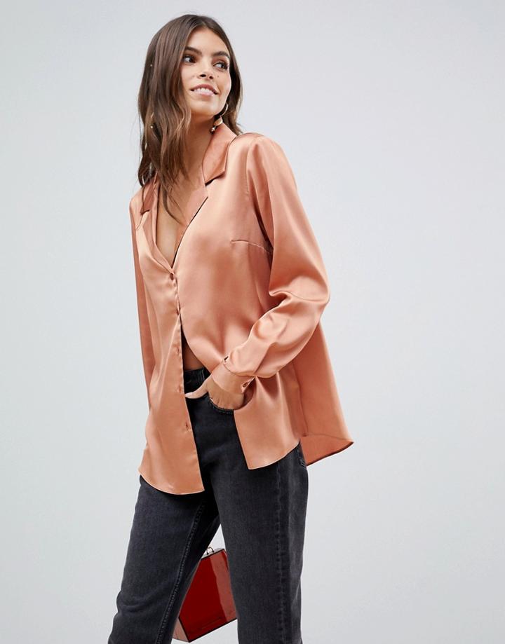 Asos Design Relaxed Satin Long Sleeve Shirt-tan
