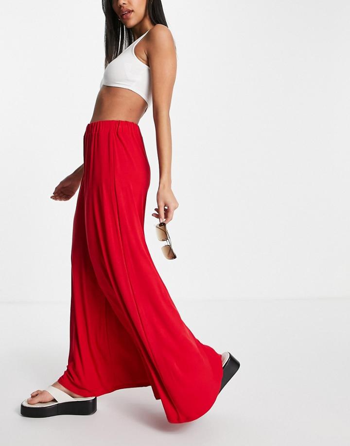 Asos Design Jersey Palazzo Beach Pants In Red