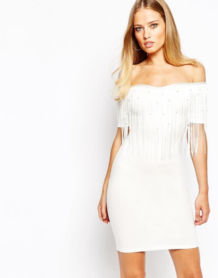 Oh My Love Off Shoulder Fringe Mini Dress With Beads - Cream