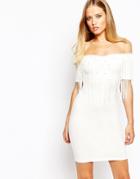 Oh My Love Off Shoulder Fringe Mini Dress With Beads - Cream