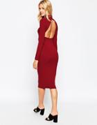 Asos Ribbed Midi Cut Out Back Body-conscious Dress - Red