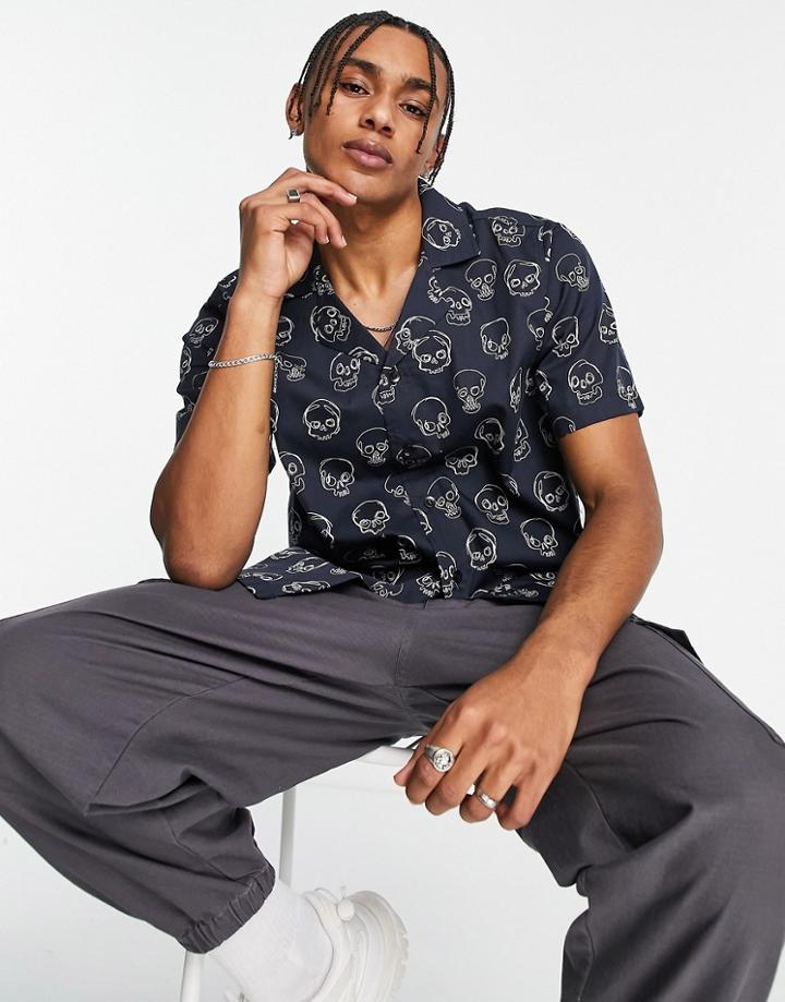 Bolongaro Trevor Doodle Skull Revere Collar Short Sleeve Shirt-navy