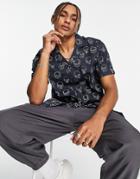 Bolongaro Trevor Doodle Skull Revere Collar Short Sleeve Shirt-navy