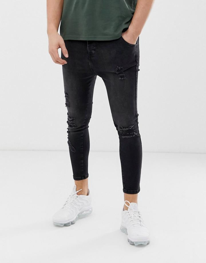 Siksilk Super Skinny Jeans In Black With Knee Rips - Black