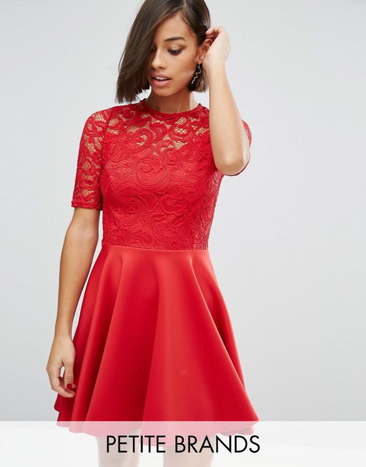 John Zack Petite Lace Bodice Chiffon Skater Dress - Red