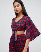 Noisy May Tie Front Check Crop Top - Multi