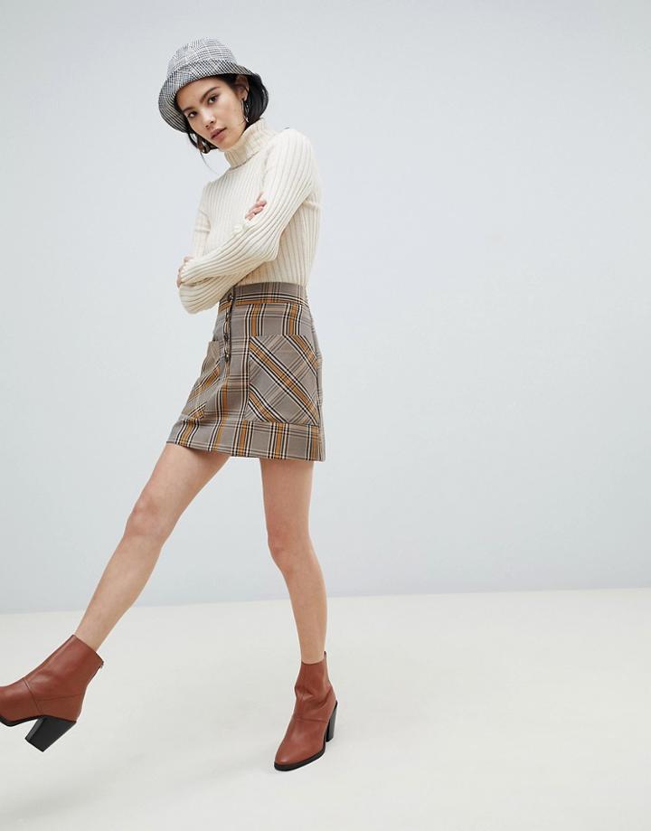 Asos Design Mustard Check Button Through Mini Skirt - Multi