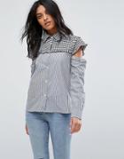 Walter Baker Marvin Cut Out Sleeve Gingham Stripe Shirt-blue