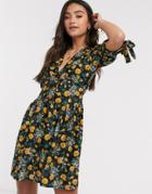 Asos Design Mini Tea Dress With Tie Sleeve And Button Front In Floral Print-black