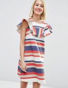 Asos Natural Fibre Frill Front Shift Dress In Bold Stripe - Multi